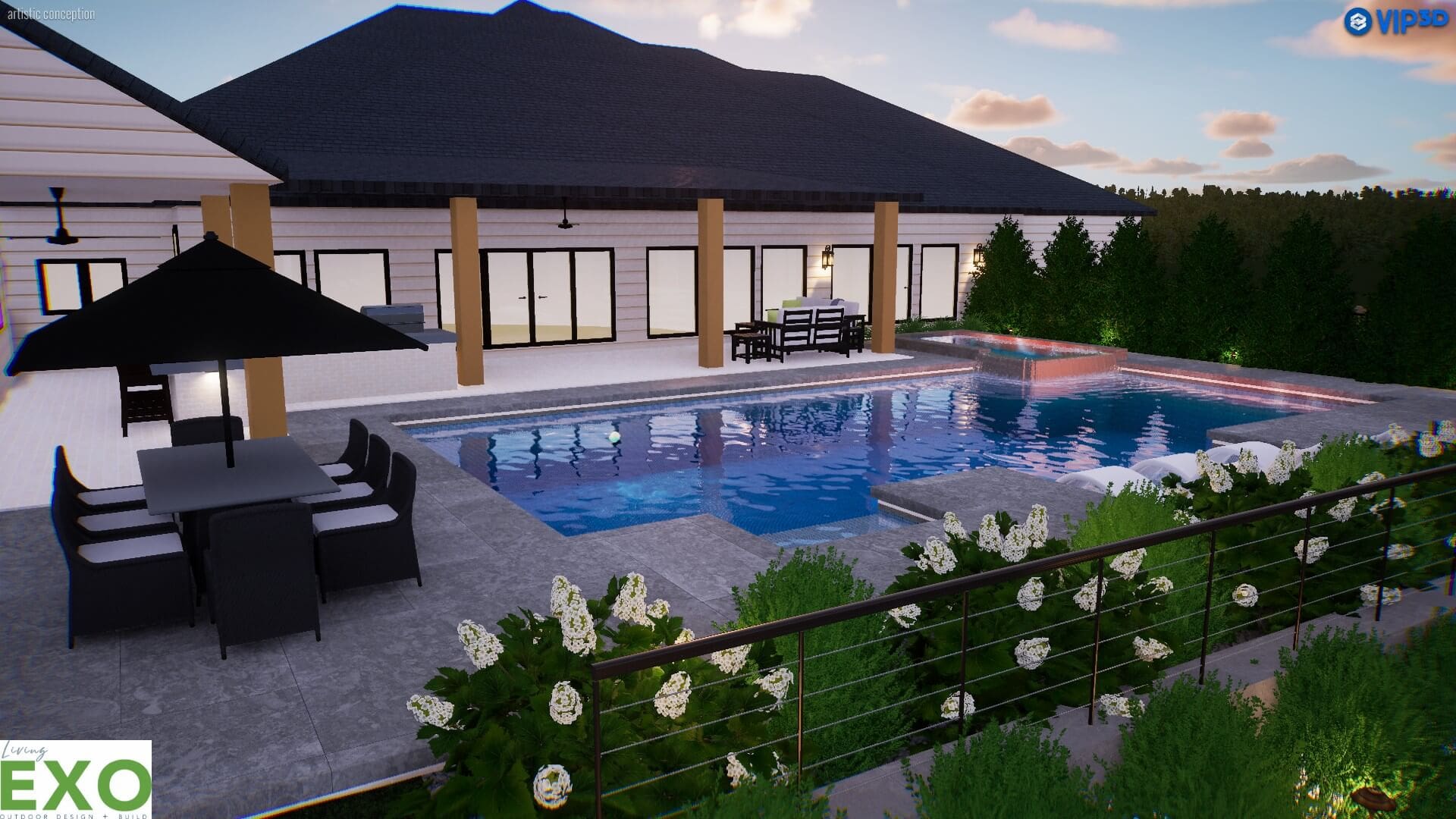 Backyard view of a modern house with a swimming pool, patio furniture, and landscaped garden.