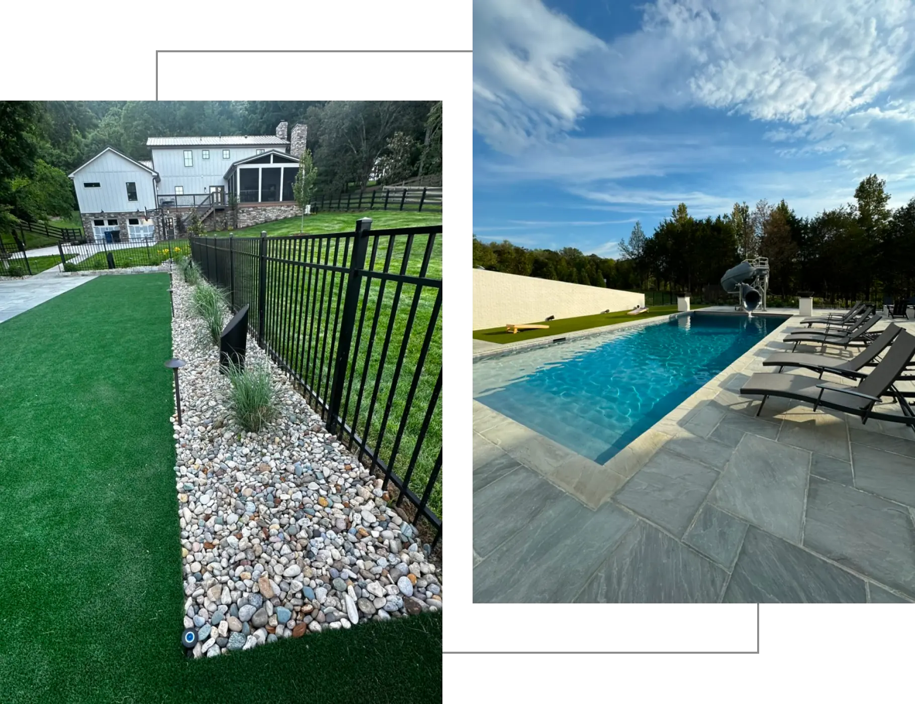 Two images: Left shows a fenced backyard with artificial turf and gravel. Right shows a swimming pool with lounge chairs on a patio, surrounded by greenery and a blue sky above.