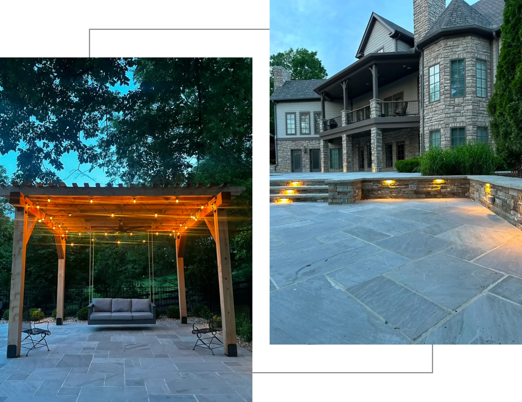 Stone patio with a pergola strung with lights on the left, and a view of a large stone house with lit stone steps on the right.