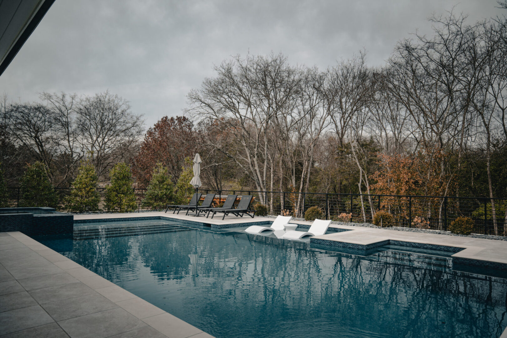A serene outdoor pool surrounded by bare trees under a cloudy sky.