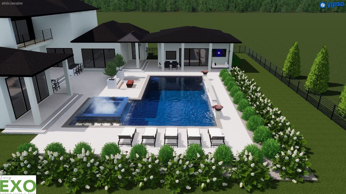 Modern house with a large swimming pool and outdoor seating area.